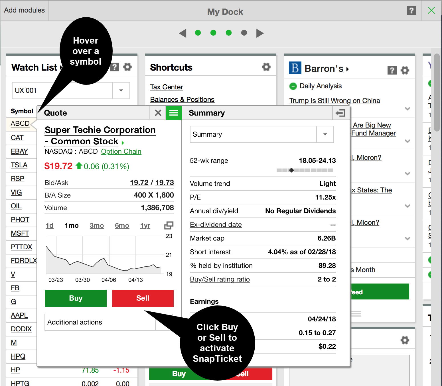 Hover over a symbol to pull up a trade ticket.