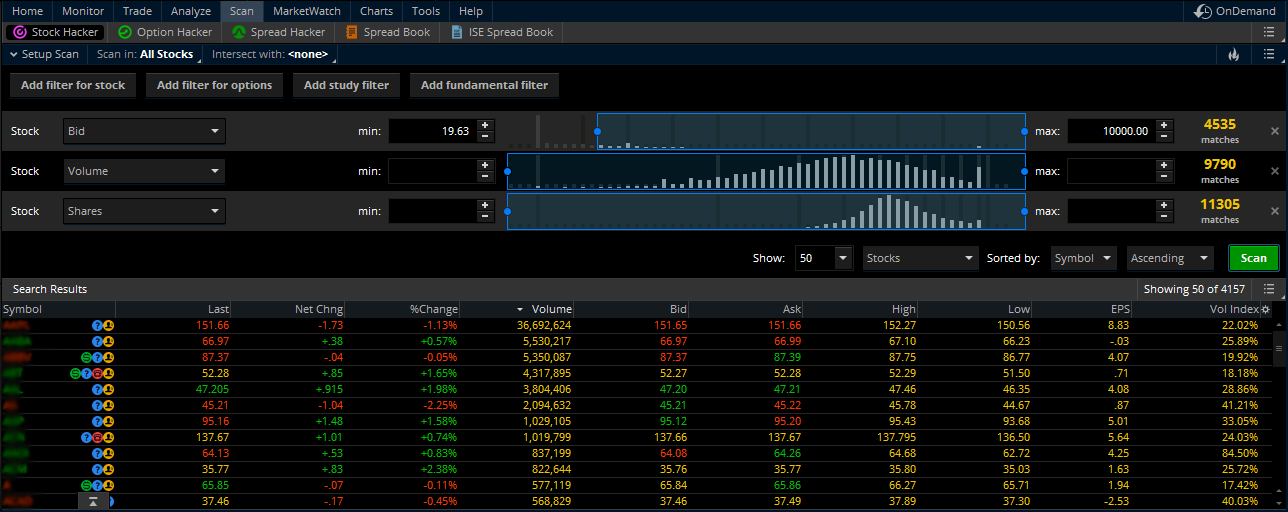 TOS - Setting up scan criteria in the Stock or Option Hacker in Thinkorswim.