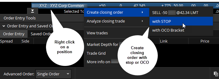 Closing out an order with a stop or OCO.