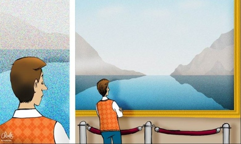 Cartoon shows person looking closely at a painting in the first frame, and the same individual viewing the same painting from further away in the second frame